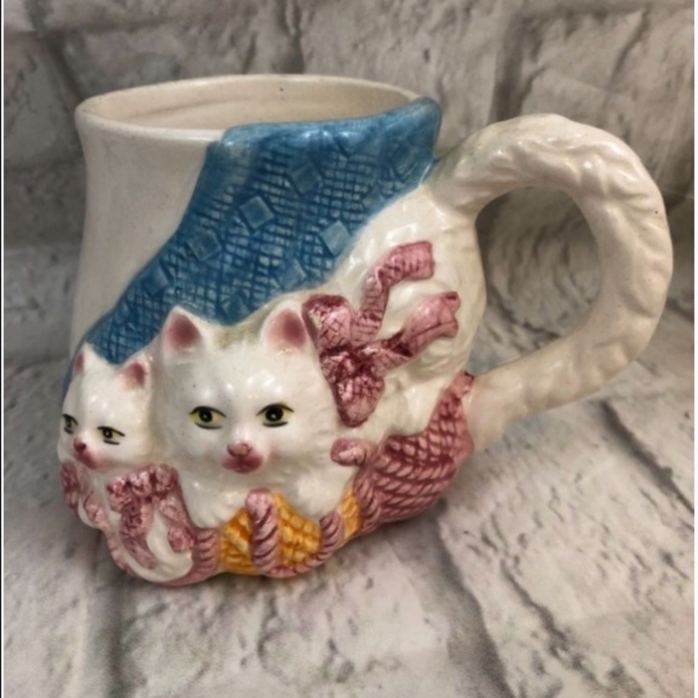Vintage 3D PMC Sculpted White Figural Cat Mug